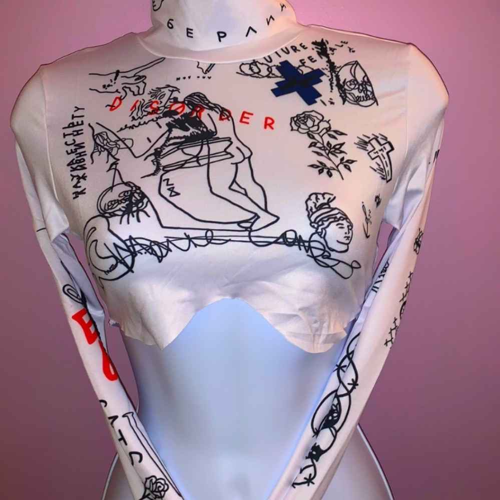 Printed DISORDER underboob mock neck crop top